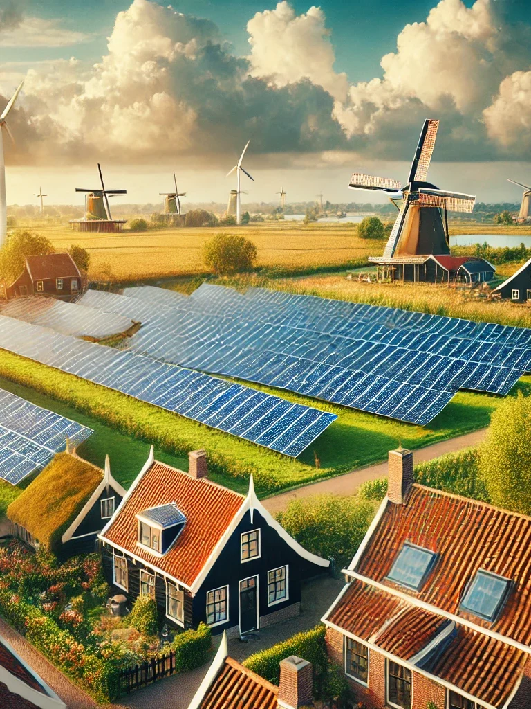 Zonnepanelen op een boerenlandschap met molens en wolkenlucht.