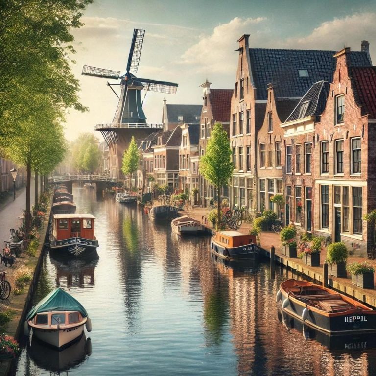 Historisch kanaal met molen, boten en schilderachtige huizen in Nederlandse stijl.